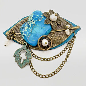 Artisan Brooch Turquoise Color Stone & Freshwater Pearls Brass Leaf Leather Back